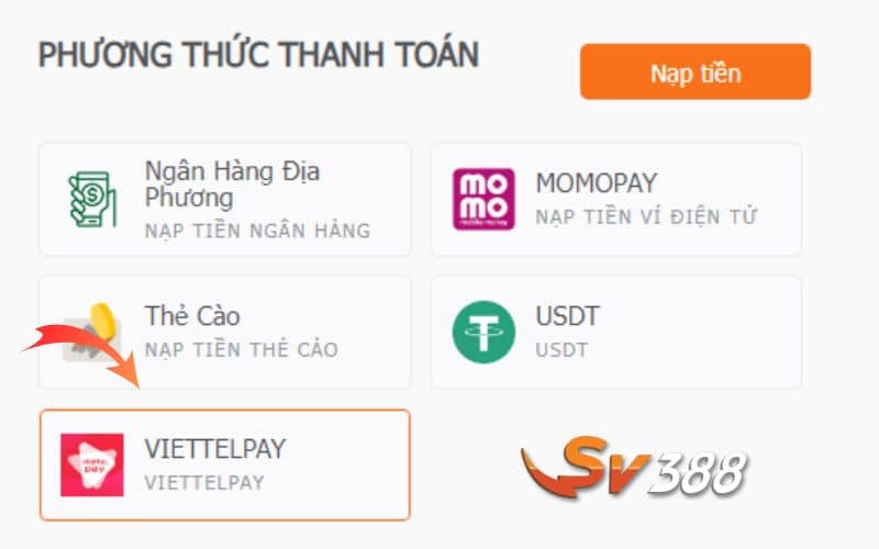 Chọn hình thức nạp tiền ViettelPay từ hệ thống