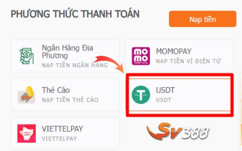 Chọn nạp tiền USDT từ danh sách