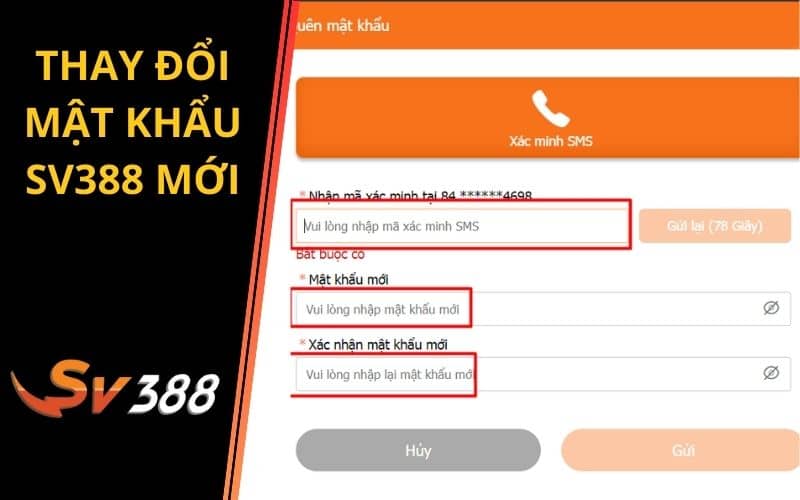 Nhập mã xác minh và thay đổi mật khẩu SV388 mới